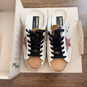 Golden Goose Superstar White and Brown Sneakers with pink Star